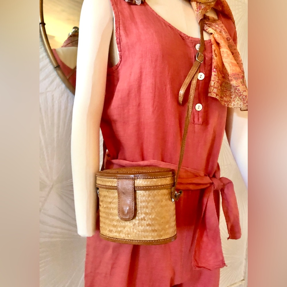 Woven Straw Crossbody Bag with Leather Trim - Natural Brown